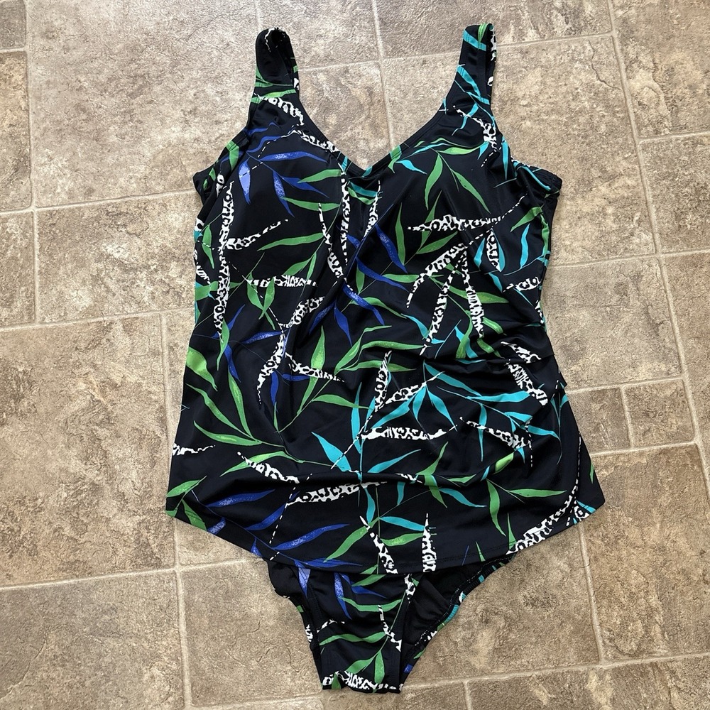 Swimsuit For All One Piece Swimsuit W18 Black Tropical Fern Bamboo Draped Front